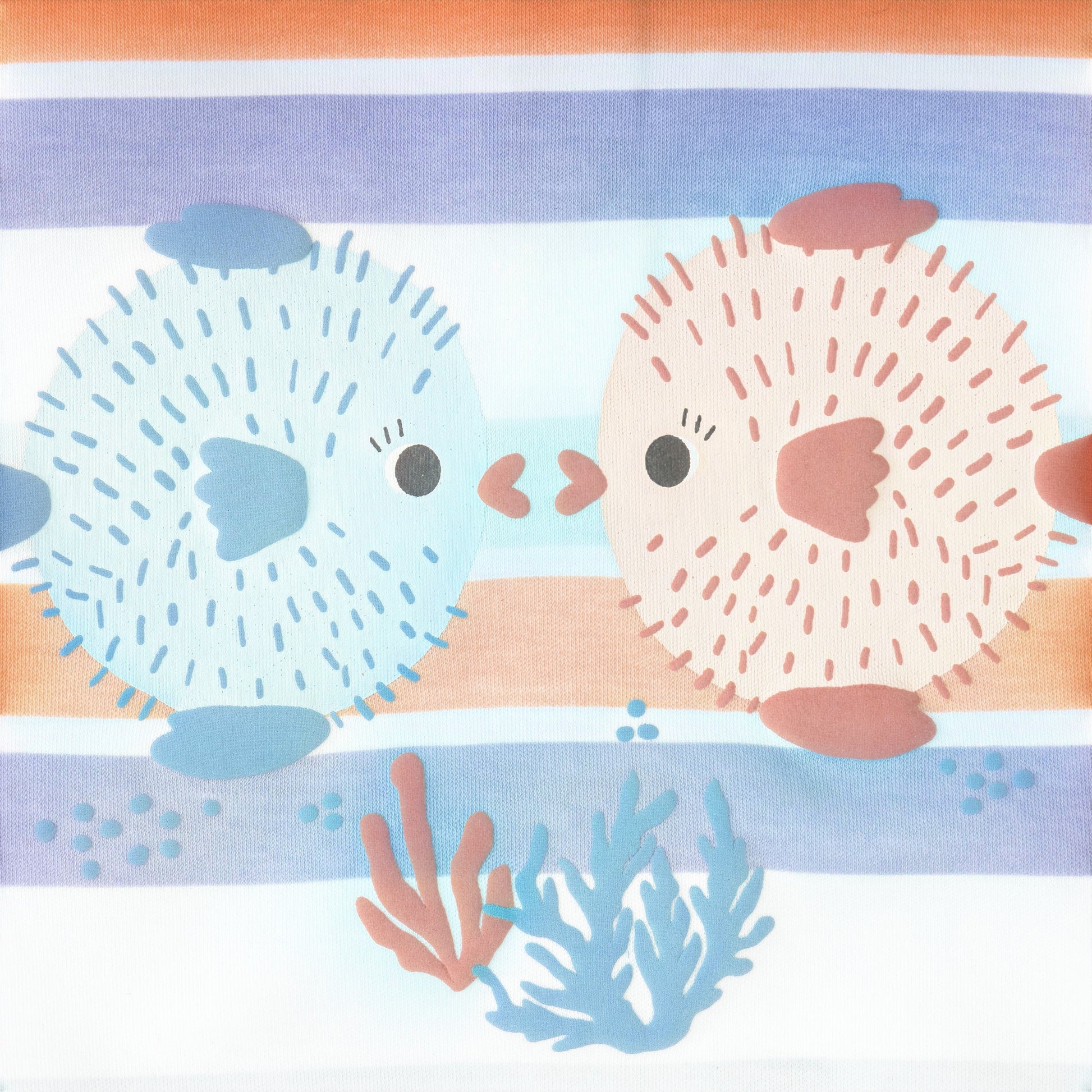 Cartoon hedgehogs on a striped background with blue and pink elements