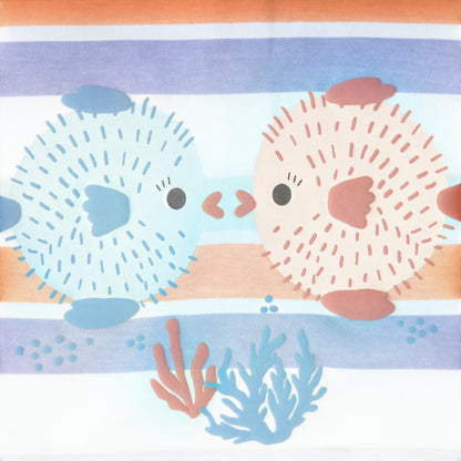 Cartoon hedgehogs on a striped background with blue and pink elements