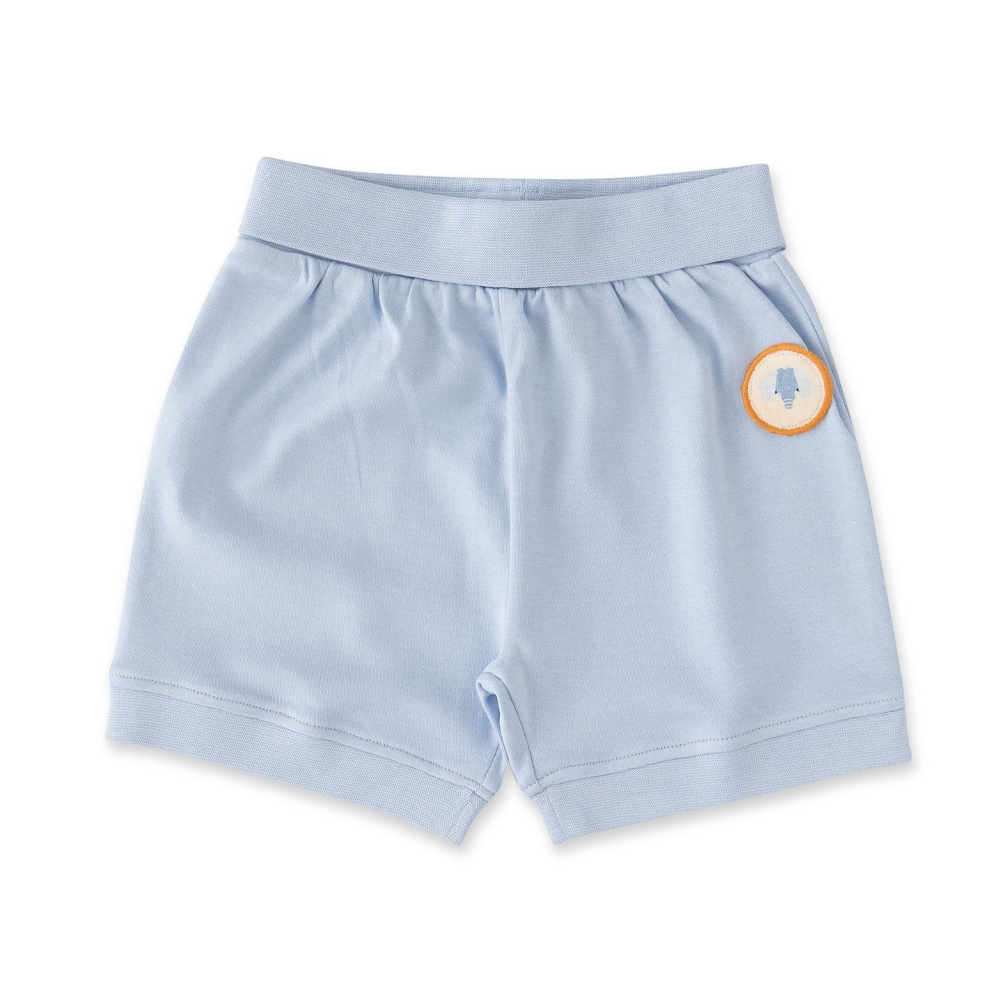 Light blue shorts with a logo on a white background