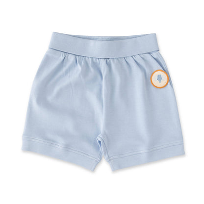 Light blue shorts with a logo on a white background