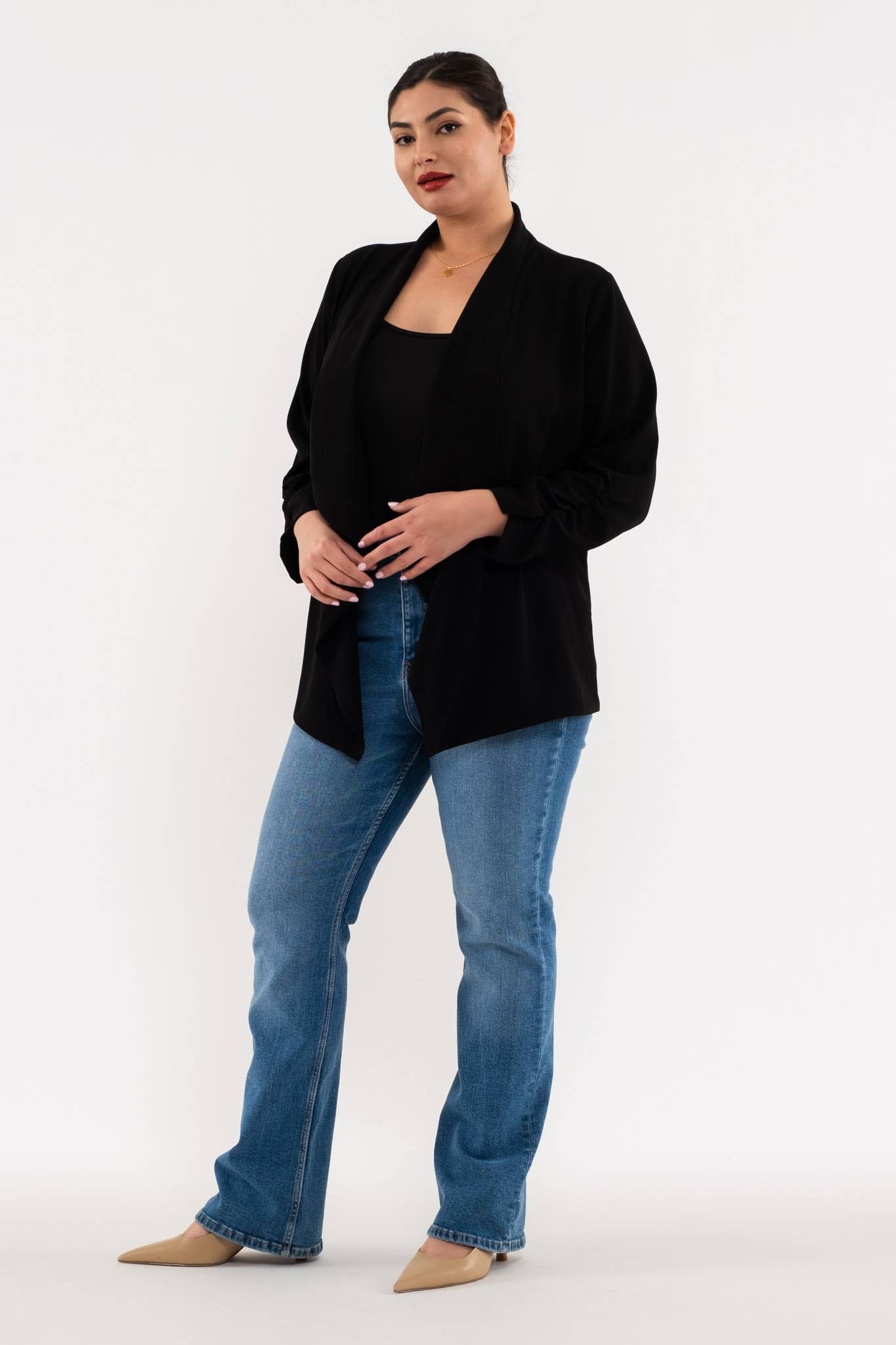 Plus Size 3/4 Length Rouched Sleeve Blazer