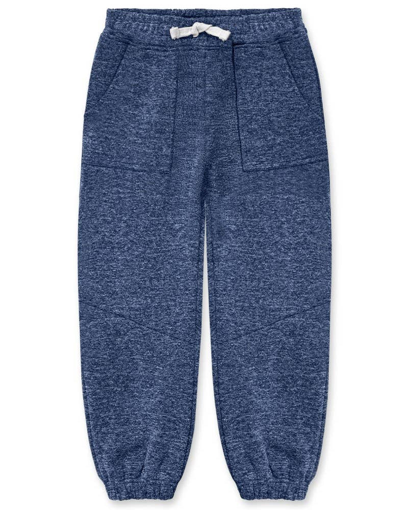 A pair of kids' heathered blue sweatpants with an elastic waistband, white drawstring, and elastic cuffs, shown flat on a white background.