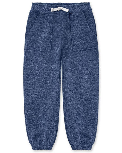 A pair of kids' heathered blue sweatpants with an elastic waistband, white drawstring, and elastic cuffs, shown flat on a white background.
