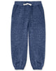 A pair of kids' heathered blue sweatpants with an elastic waistband, white drawstring, and elastic cuffs, shown flat on a white background.