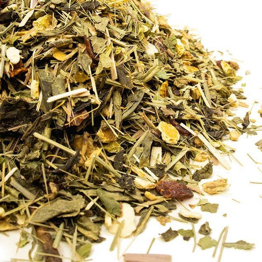 Close-up of a mix of dried herbs and leaves on a white background