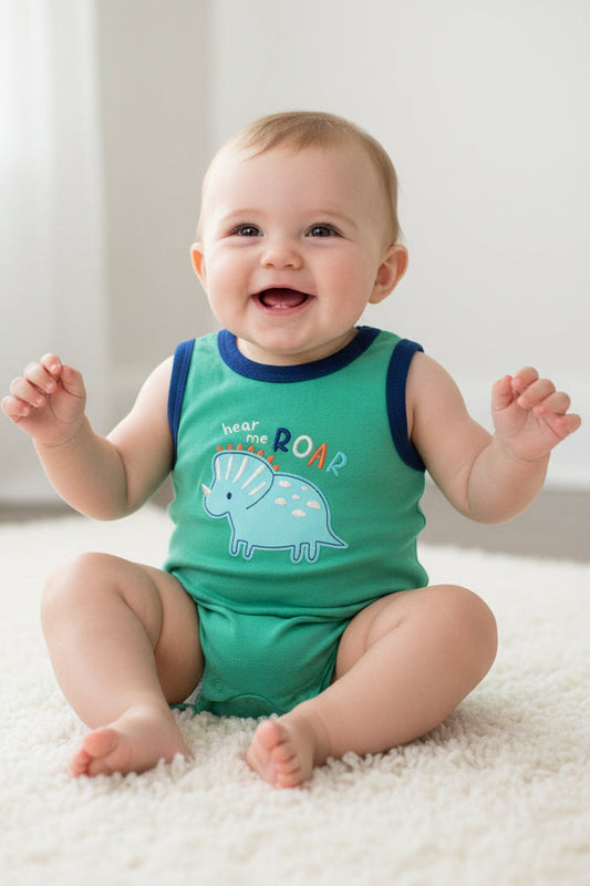 Green baby romper with blue trim and elephant design on a white background