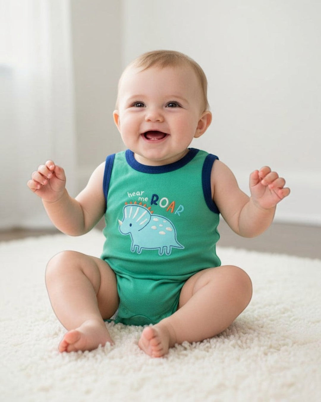 Green baby romper with blue trim and elephant design on a white background