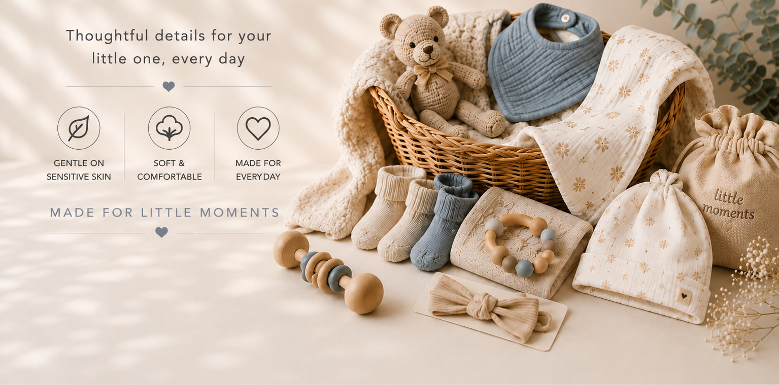 Baby care products including a teddy bear, socks, and a basket on a light background with text about product features.
