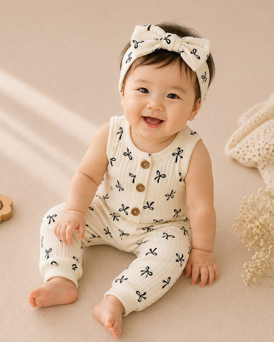 Baby wearing a white romper with black patterns and a matching headband, sitting on a beige surface.