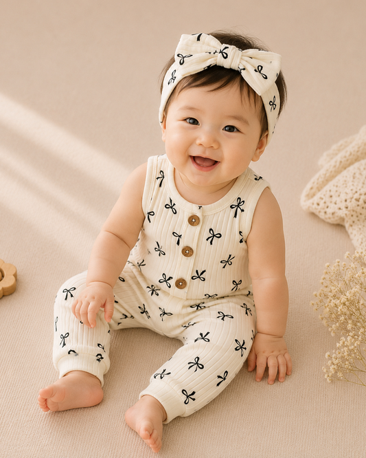 Baby wearing a white romper with black patterns and a matching headband, sitting on a beige surface.