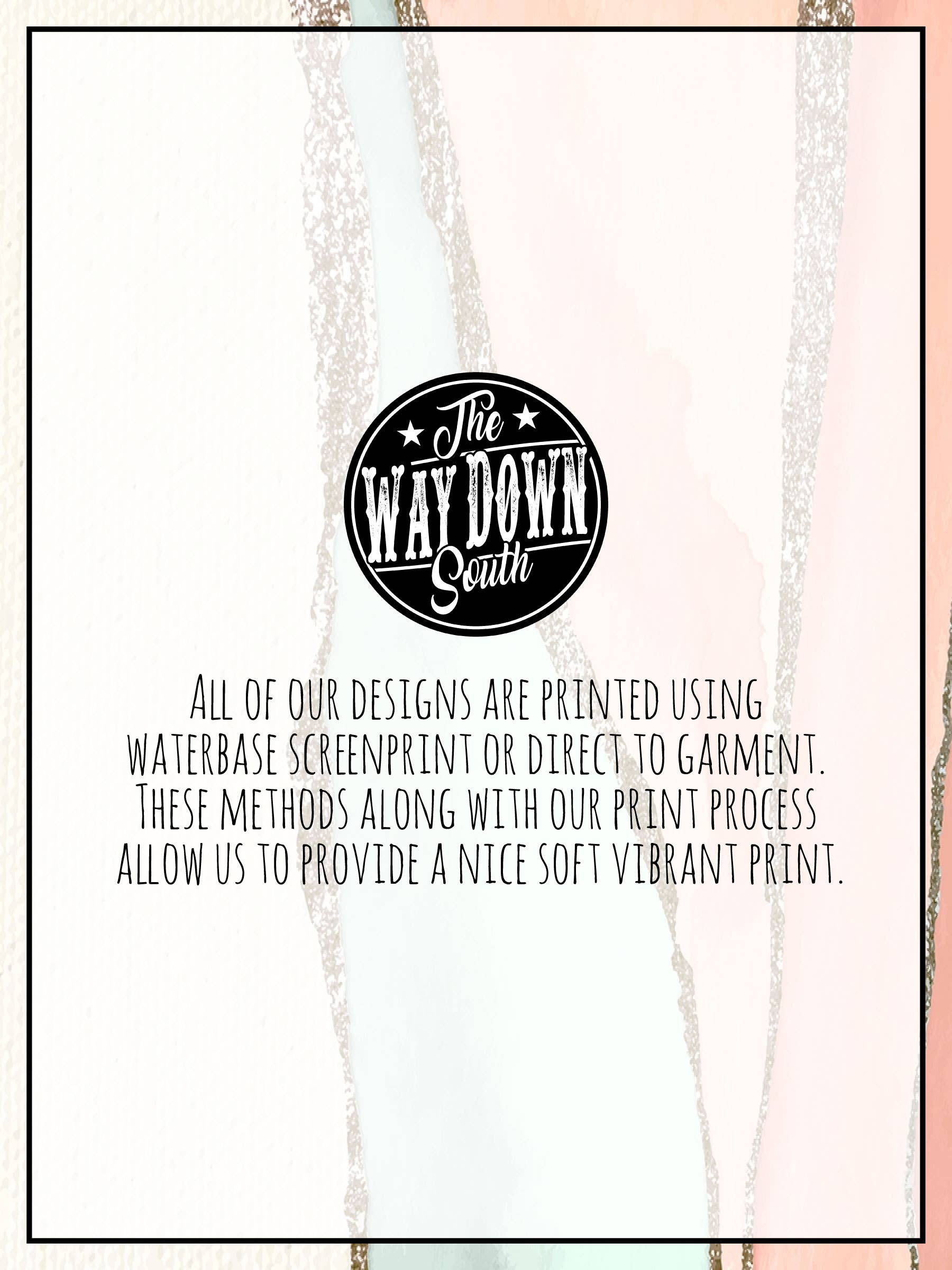 Product packaging with 'The Way Down South' logo and text about print methods on a white background.