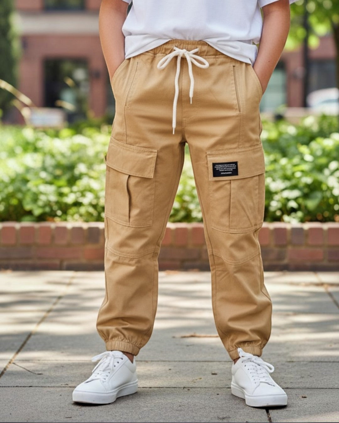 Person wearing a white t-shirt and beige cargo pants standing outdoors with greenery and a building in the background.