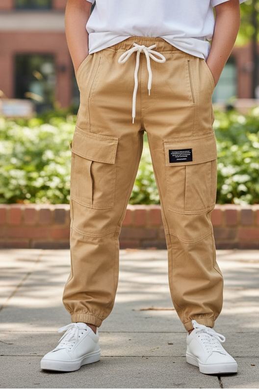 Person wearing a white t-shirt and beige cargo pants standing outdoors with greenery and a building in the background.