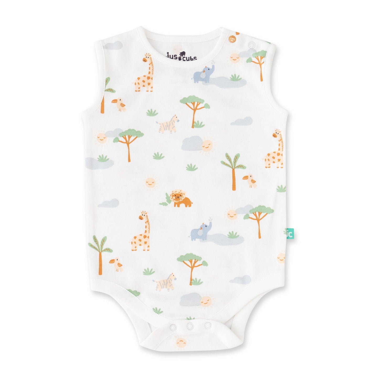 Baby onesie with animal pattern on a white background