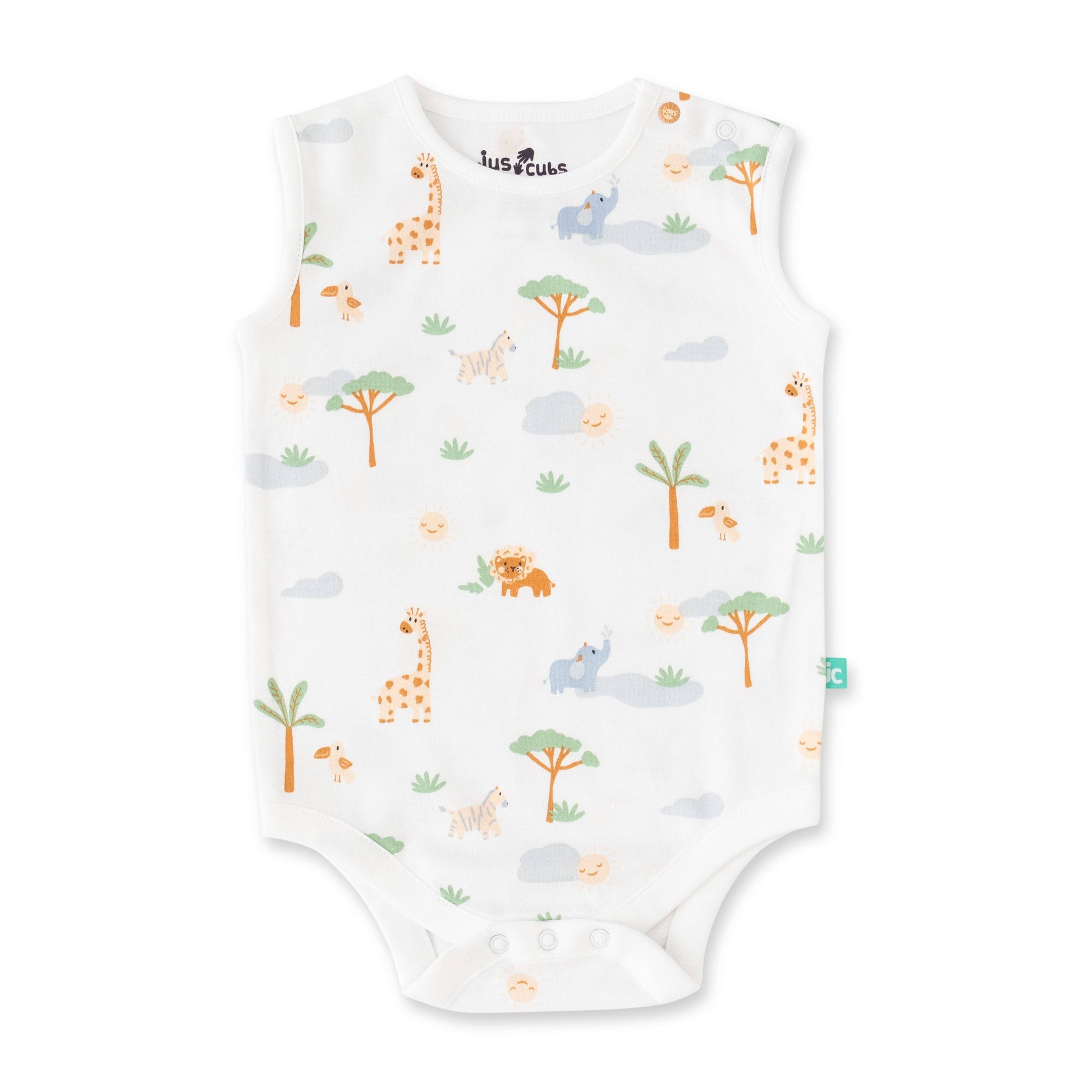 Baby onesie with animal pattern on a white background