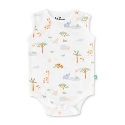Baby onesie with animal pattern on a white background