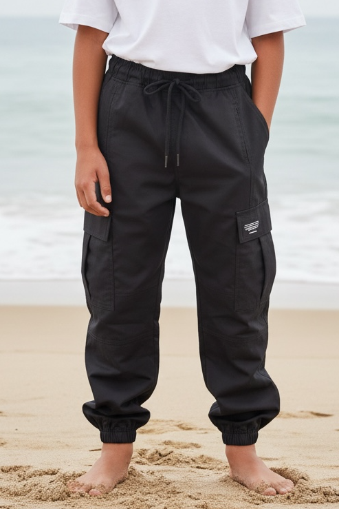Person wearing a white shirt and black pants standing on a beach.
