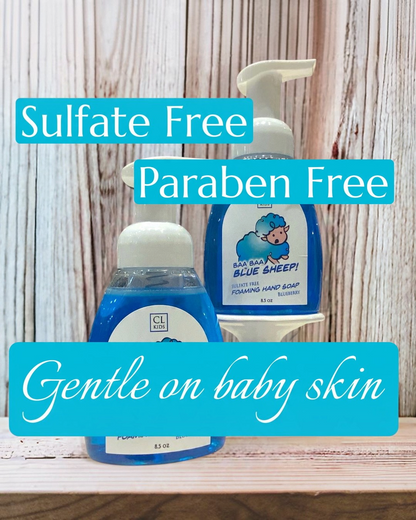 Two bottles of baby soap with 'Sulfate Free', 'Paraben Free', and 'Gentle on baby skin' text on a wooden background.