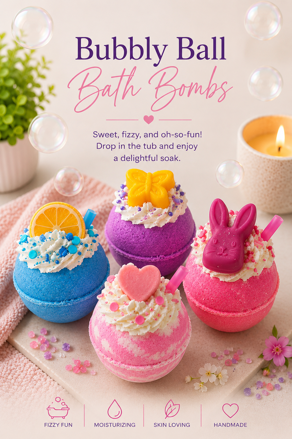 Bubbly Ball Bath Bombs with decorative elements on a light background