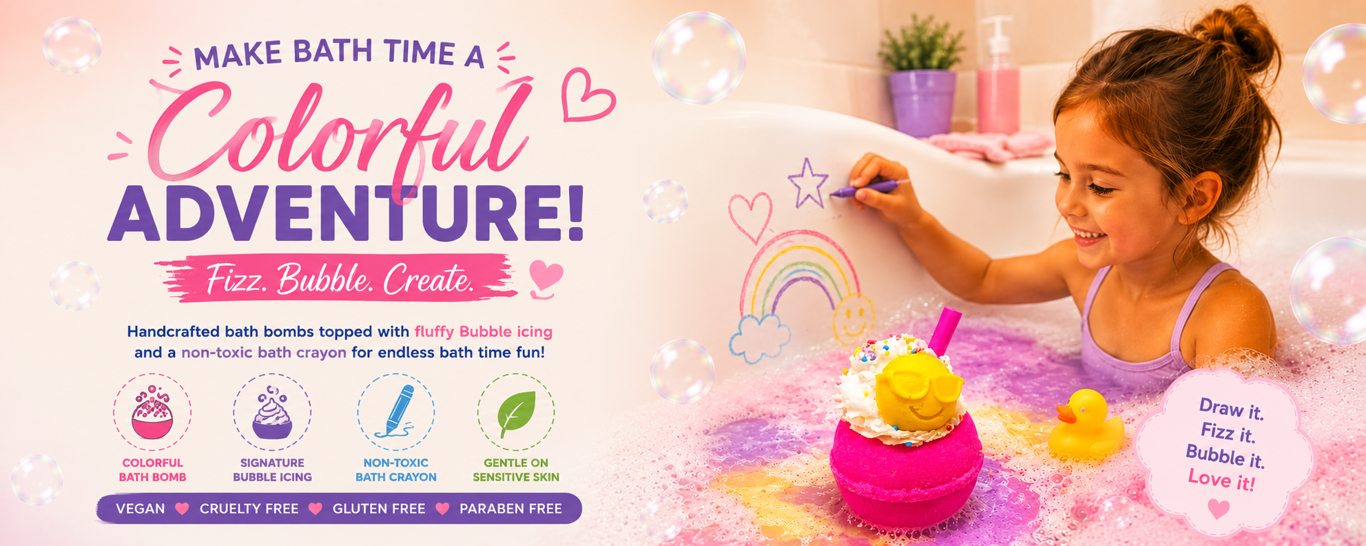 Child playing in a bathtub with bath toys and colorful bubbles, promoting a bath product brand.