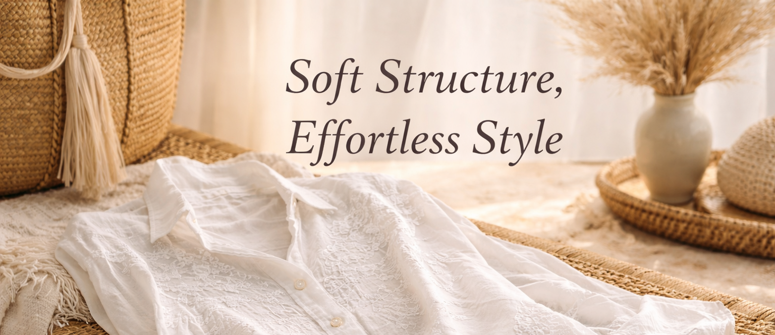 White dress on a wicker chair with text 'Soft Structure, Effortless Style' in a home setting.