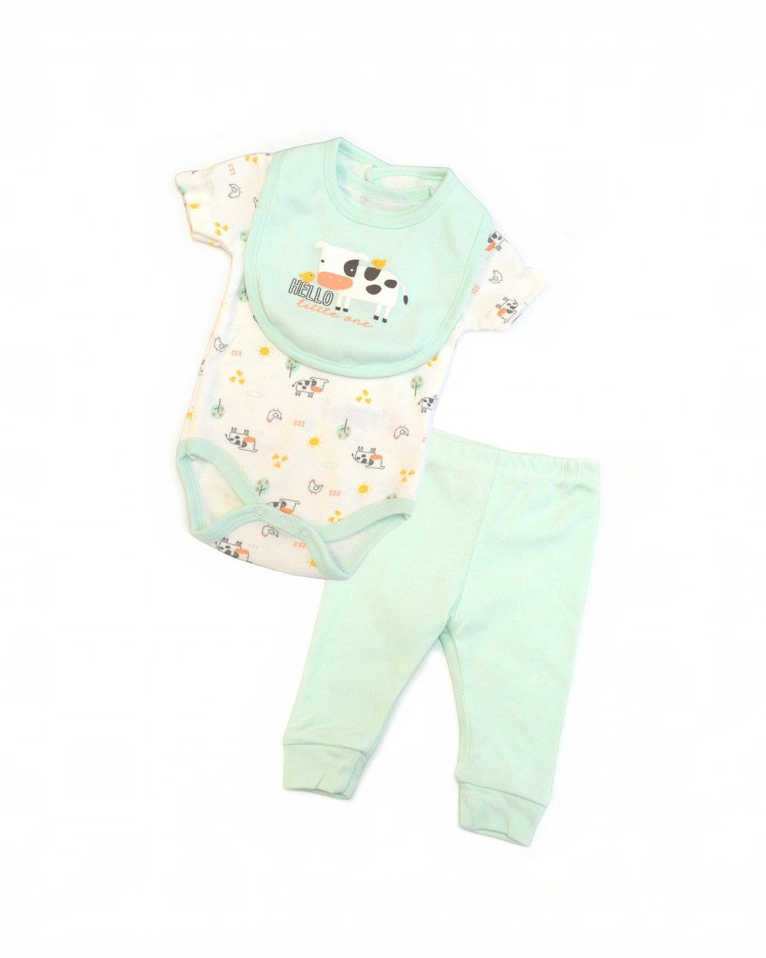 Baby outfit set with bodysuit, pants, and bib on a white background