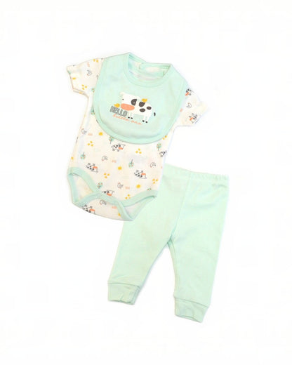 Baby outfit set with bodysuit, pants, and bib on a white background