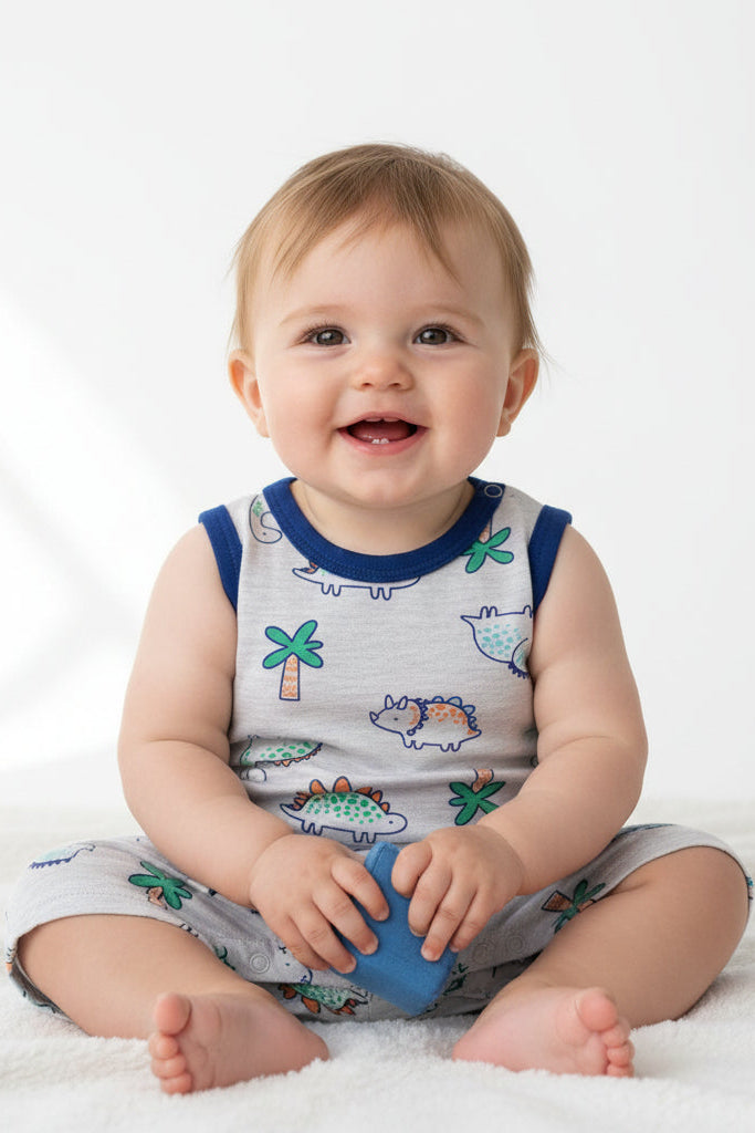 Baby romper with dinosaur pattern on a white background