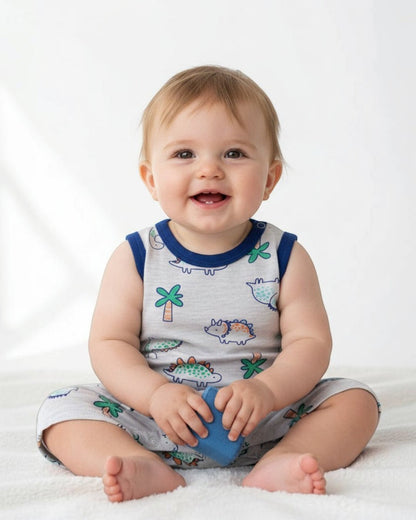 Baby romper with dinosaur pattern on a white background