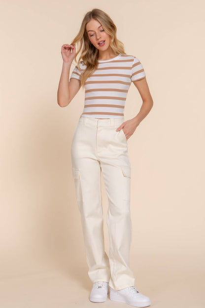 Short Sleeve Tan Stripe Crop Top