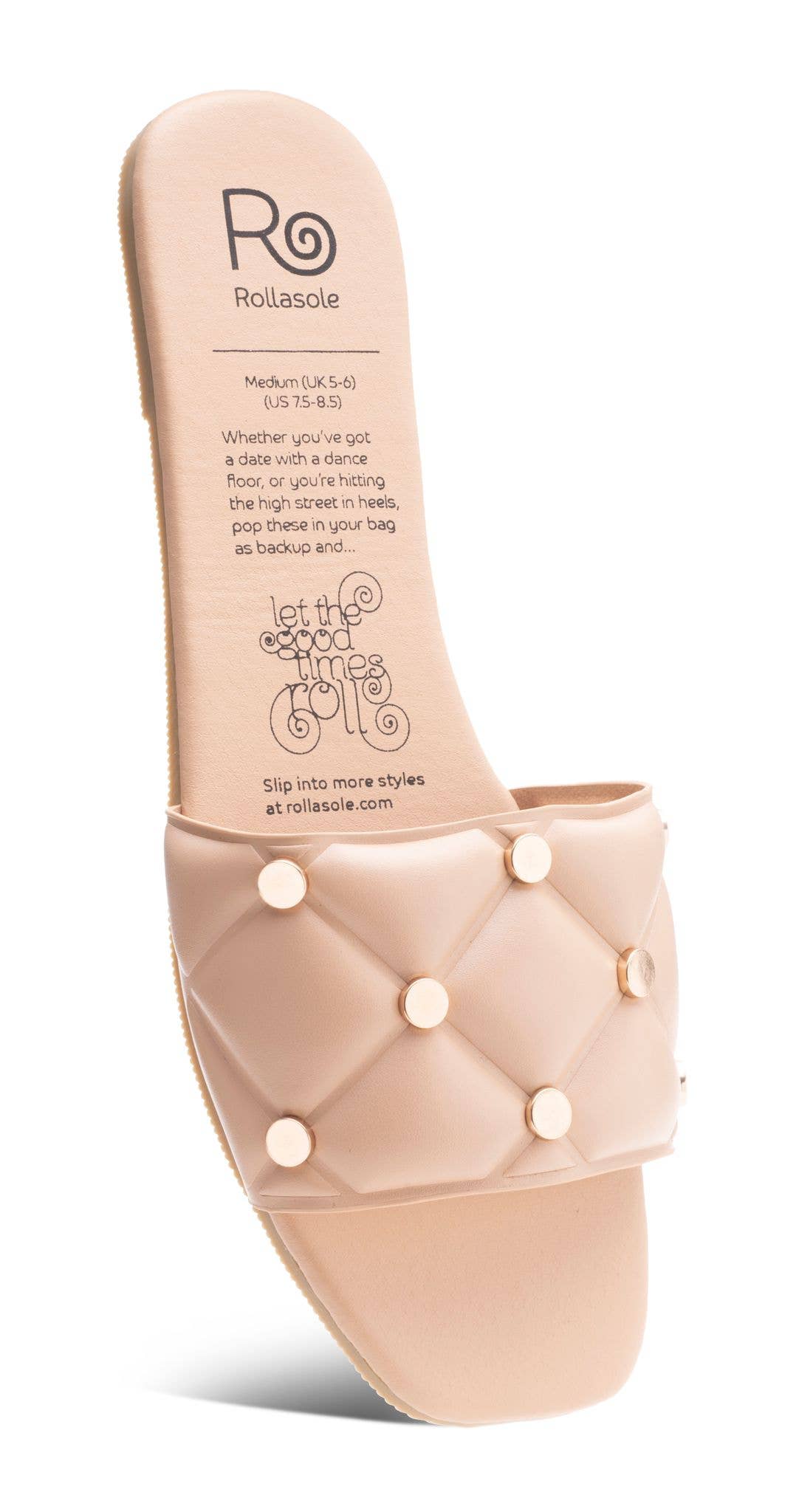 Beige sandal with quilted design and 'Rollasole' branding on a white background