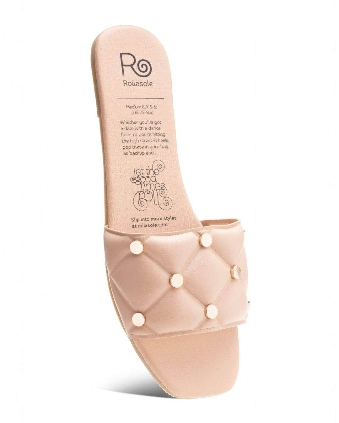 Beige sandal with quilted design and 'Rollasole' branding on a white background