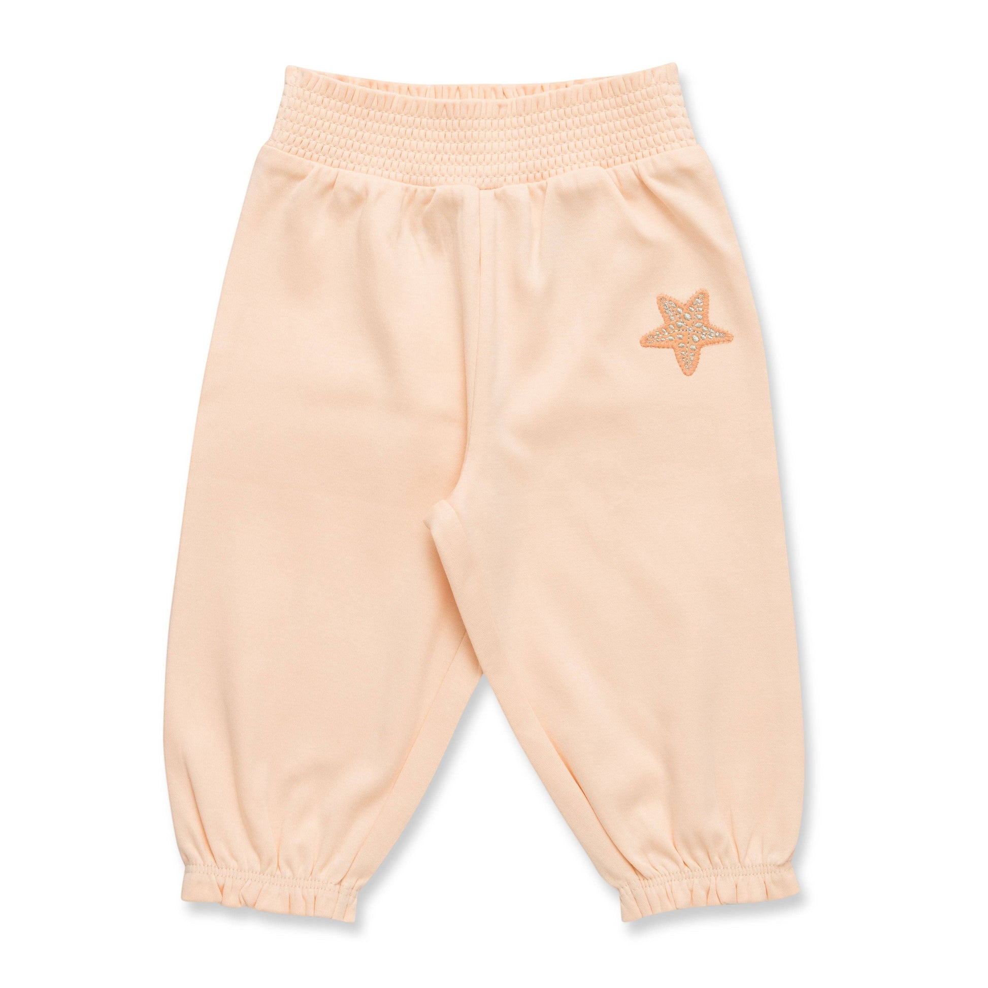 Light pink sweatpants with a star design on a white background
