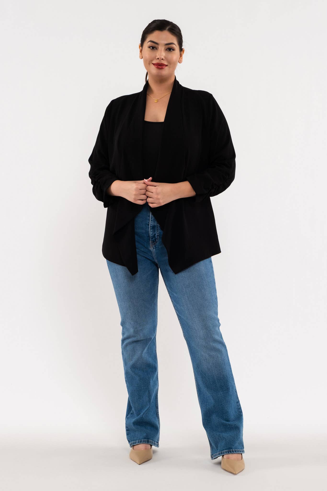 Plus Size 3/4 Length Rouched Sleeve Blazer