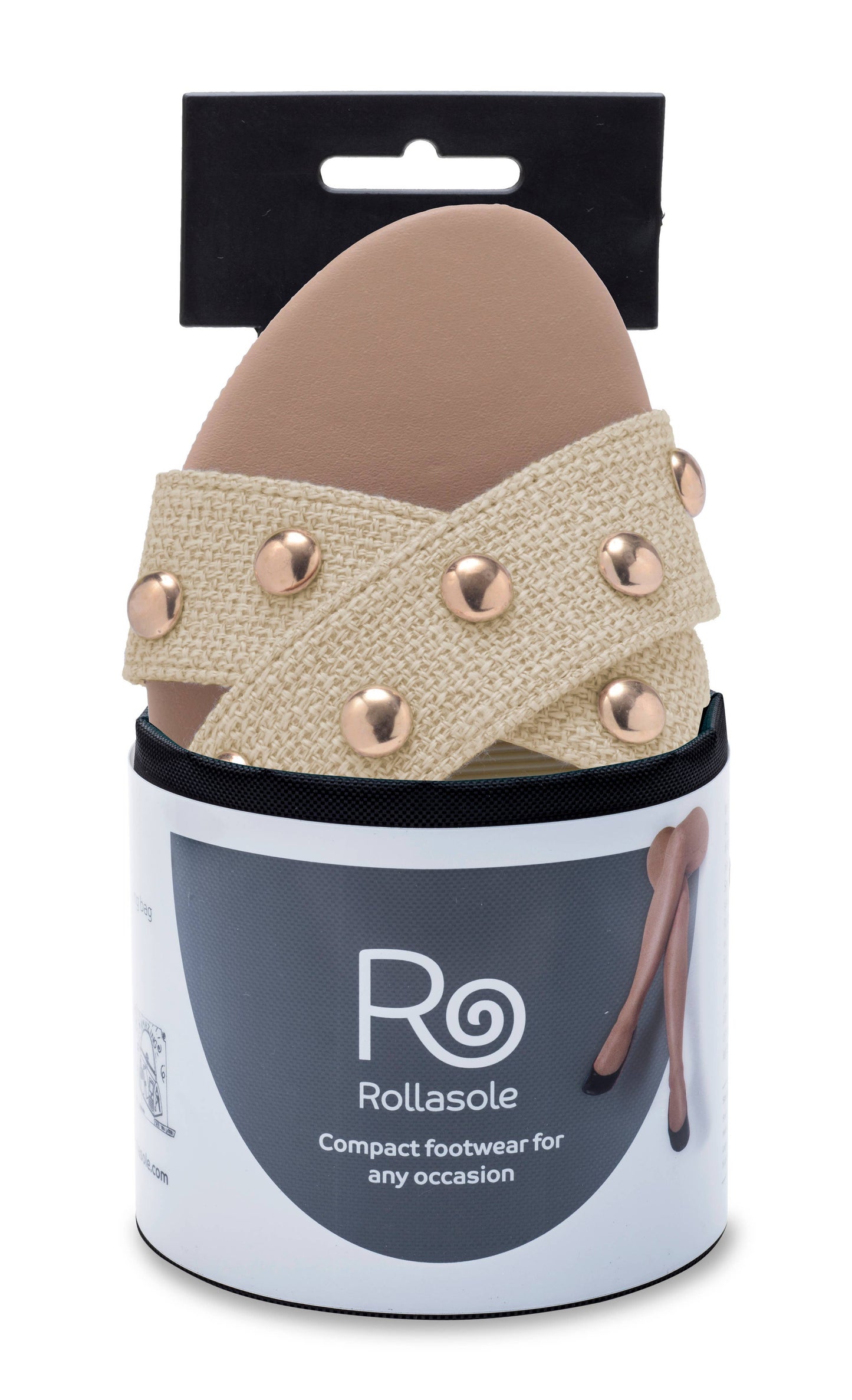 Rollasole sandal with studded details in packaging on a white background
