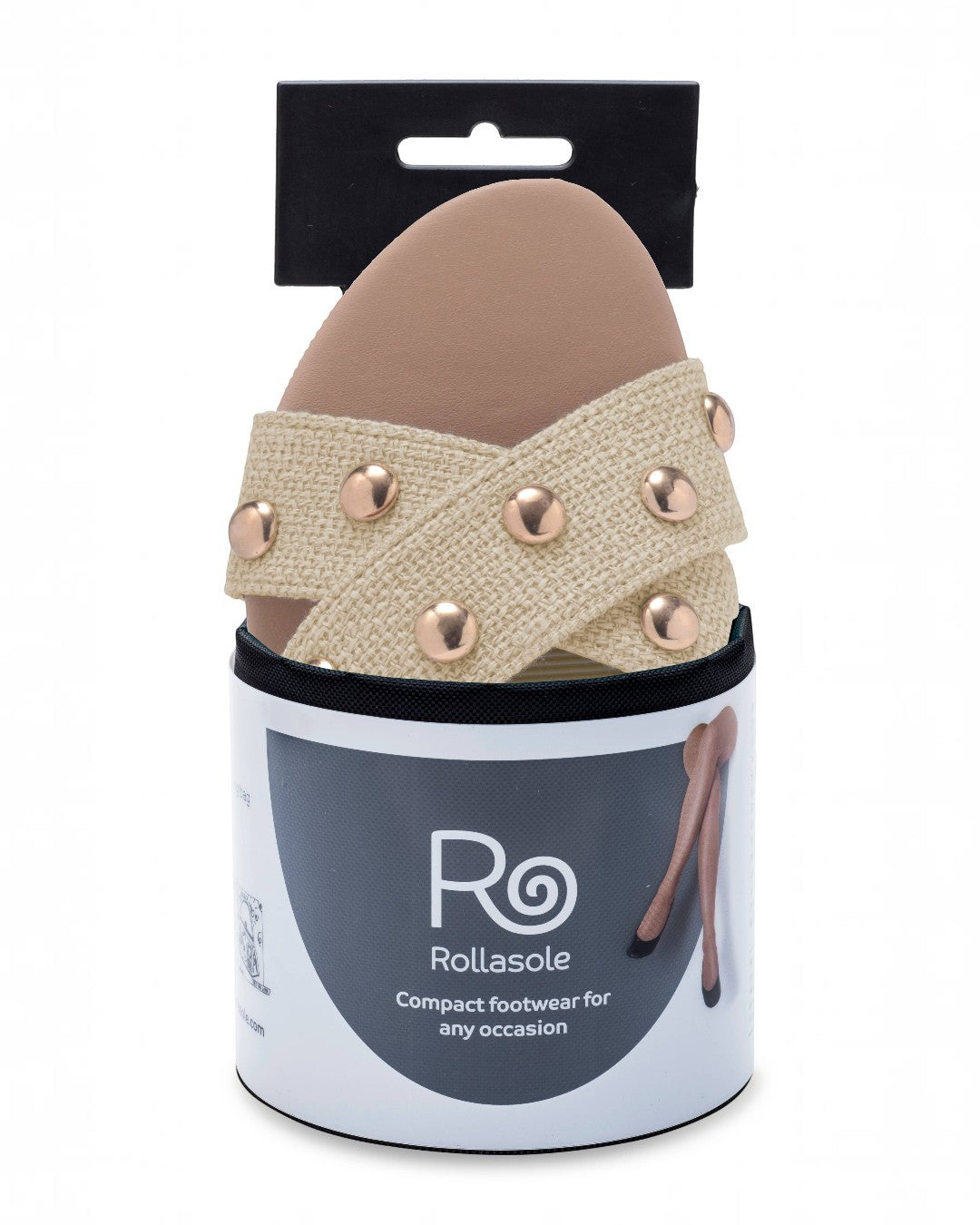 Rollasole sandal with studded details in packaging on a white background