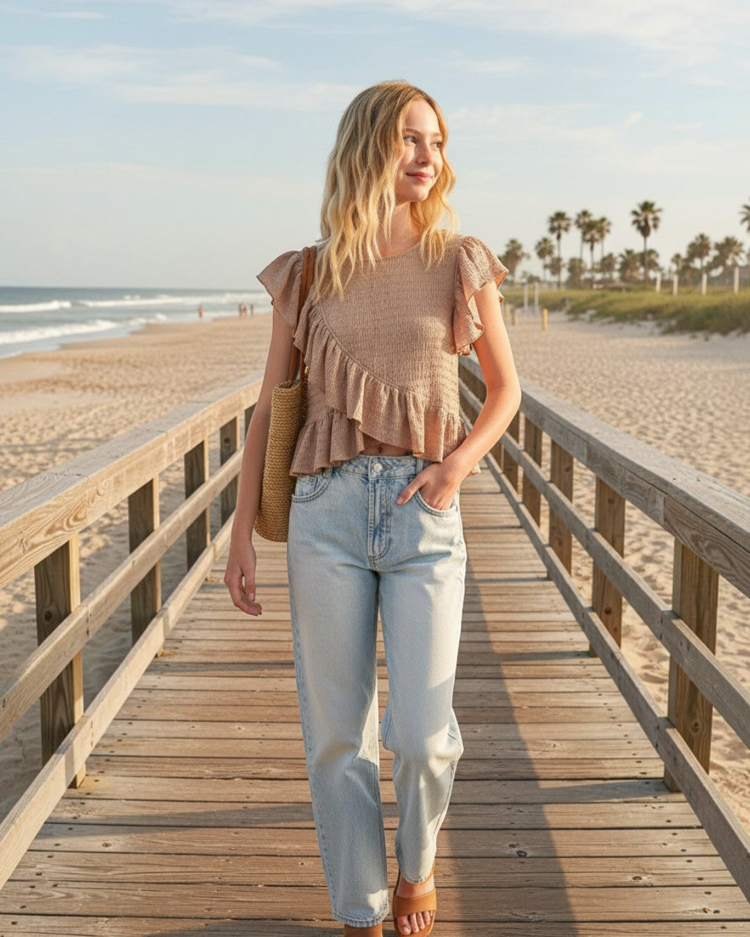 Calla Lily Cosmetics + CL kids girl's beige textured asymmetrical sleeveless top with ruffle detail on a beach pier.