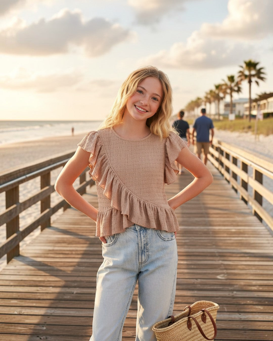 Girl wearing a beige Heart and Arrow asymmetrical sleeveless top with ruffle detail on a wooden beach pier at sunset.