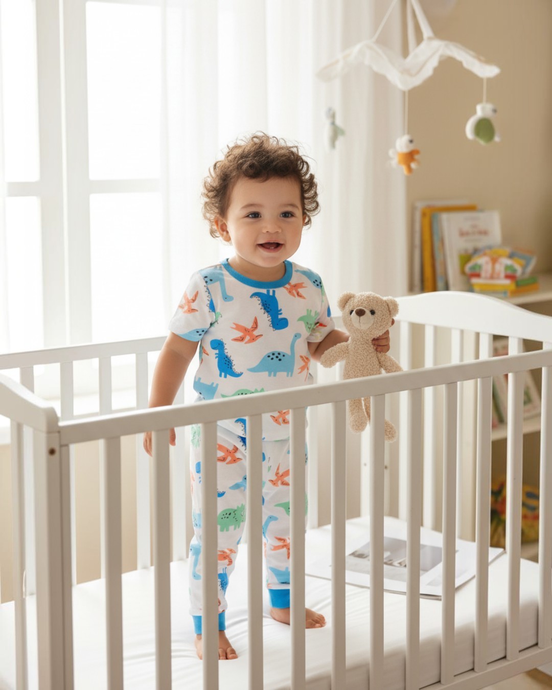 Toddler in Calla Lily Cosmetics + CL kids bamboo dinosaur pajamas standing in a white crib holding a teddy bear.