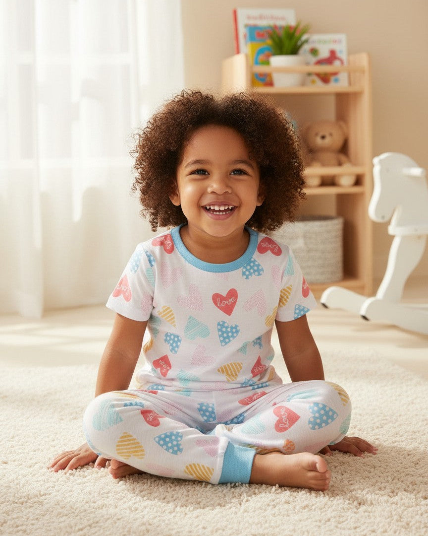 Smiling child wearing Calla Lily Cosmetics + CL kids bamboo pajama set with colorful heart print and blue trim.