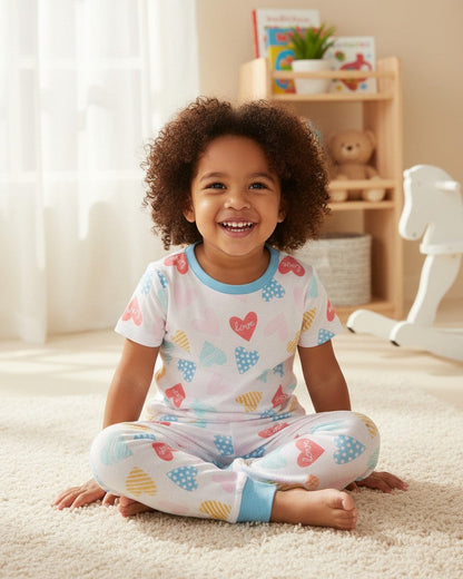 Smiling child wearing Calla Lily Cosmetics + CL kids bamboo pajama set with colorful heart print and blue trim.