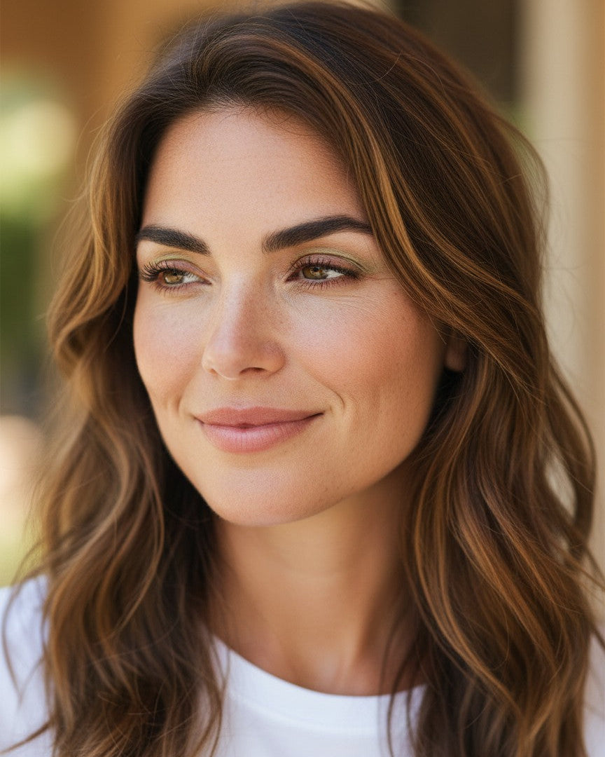 Model wearing Calla Lily Cosmetics + CL kids Bamboo Shimmer Shadow in light lime green on eyelids for a radiant look.