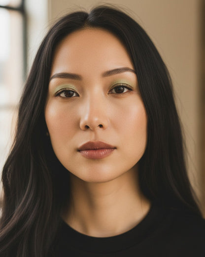 Model wearing Calla Lily Cosmetics + CL kids Bamboo Shimmer Shadow, a light lime green mineral eye shadow.