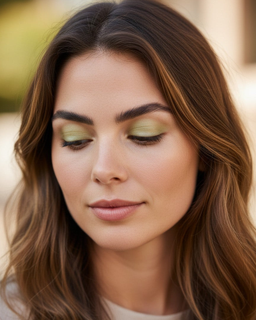 Model wearing Calla Lily Cosmetics + CL kids Bamboo Shimmer Shadow in a radiant light lime green mineral finish.