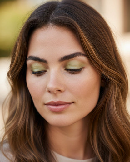Model wearing Calla Lily Cosmetics + CL kids Bamboo Shimmer Shadow in a radiant light lime green mineral finish.
