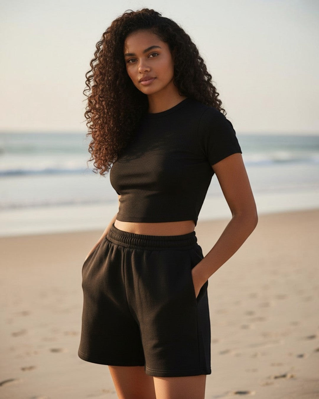 Model wearing Calla Lily Cosmetics + CL kids black crop tee and drawstring shorts set on a beach.