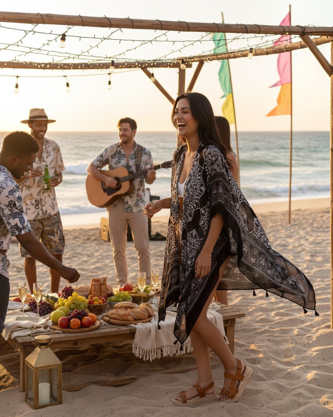Calla Lily Cosmetics + CL kids black viscose kimono with mandala print and tassel hem worn at a beach festival party.