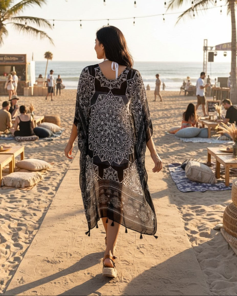 Woman walking on beach in Calla Lily Cosmetics + CL kids black mandala print viscose kimono cardigan with tassels.