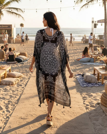 Woman walking on beach in Calla Lily Cosmetics + CL kids black mandala print viscose kimono cardigan with tassels.