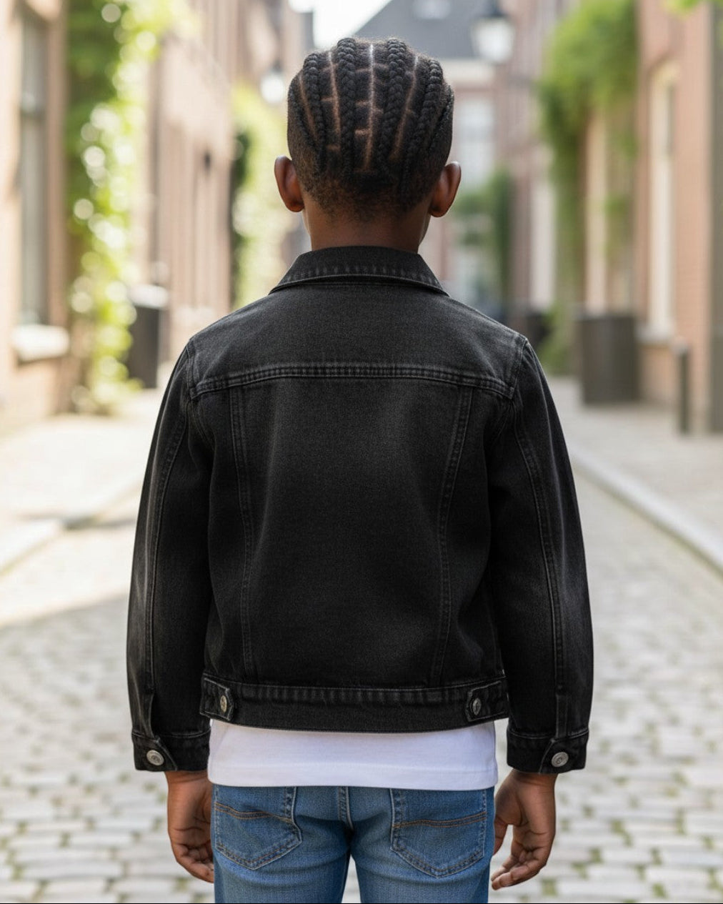 Toddler wearing a black acid wash denim jacket by Calla Lily Cosmetics + CL kids on a cobblestone street.
